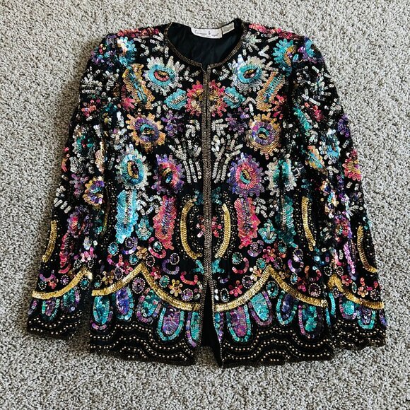 Vtg Lawrence Kazar New York Sequin Embellished Floral Colorful Sequin Jacket - Picture 15 of 16